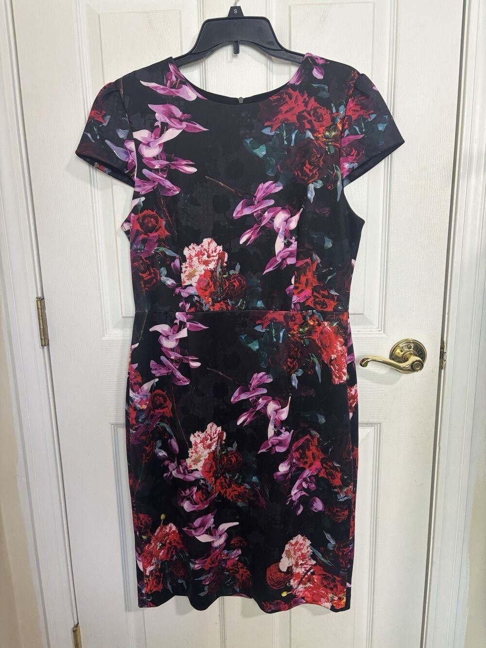 Betsey Johnson Floral Print Knit Sheath Midi Dress 12 Wedding Guest Stretch